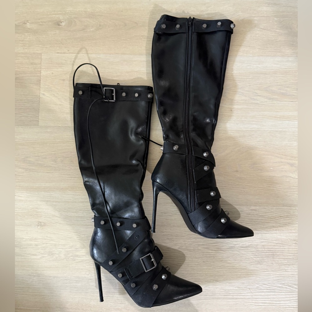 Black leather knee boots